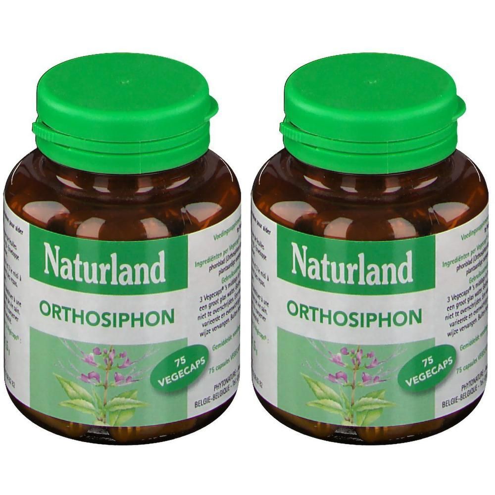 Deux flacons bruns avec des couvercles verts. Les étiquettes indiquent "Naturland Orthosiphon" et "75 Vegecaps".