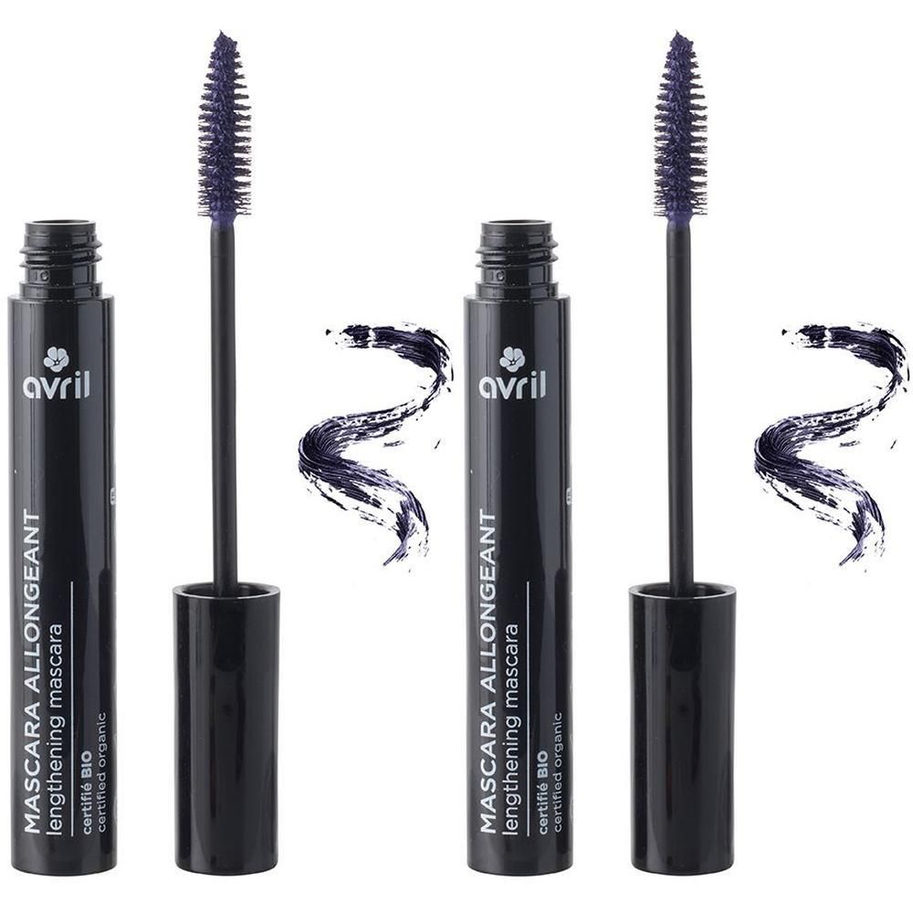 Tubes de mascara noirs avec brosses et échantillon de couleur. Texte: Avril Mascara Allongeant Marine Certifié BIO.