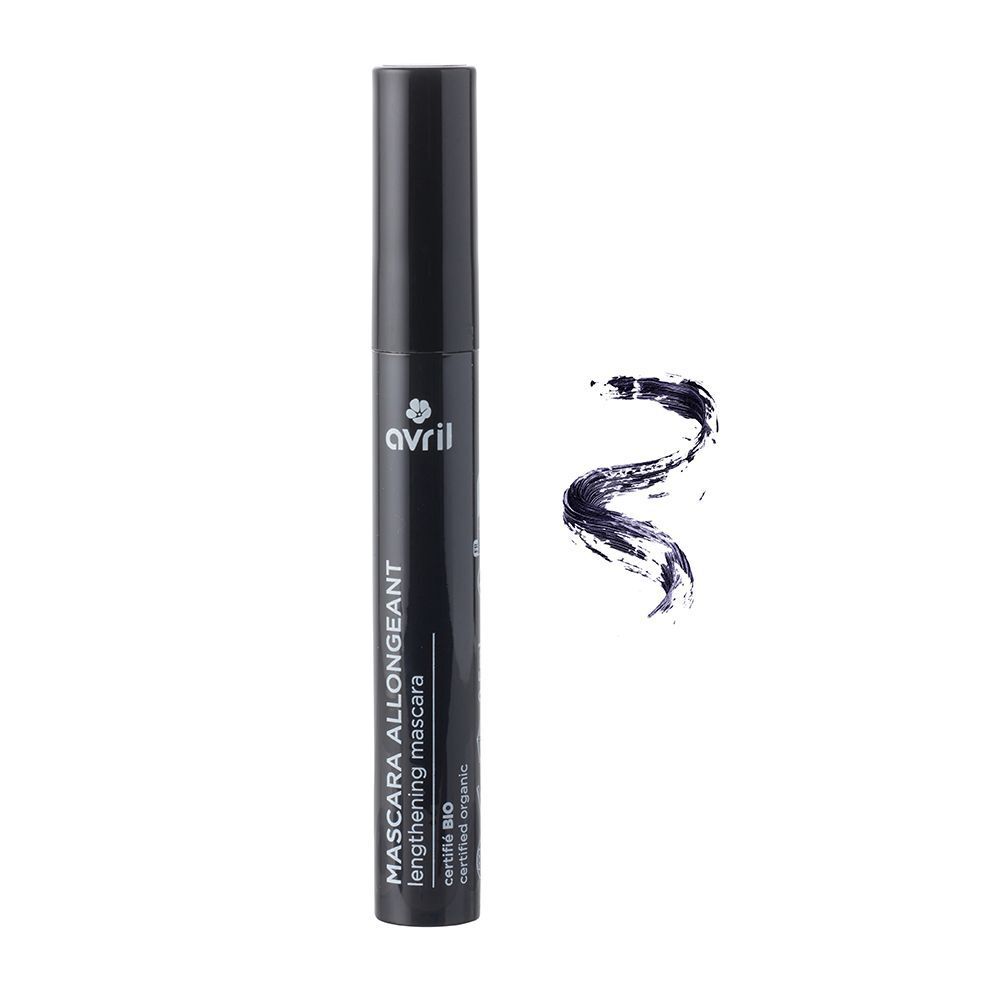 Tube de mascara noir avec brosse et échantillon de couleur. Texte: Avril Mascara Allongeant Marine Certifié BIO.