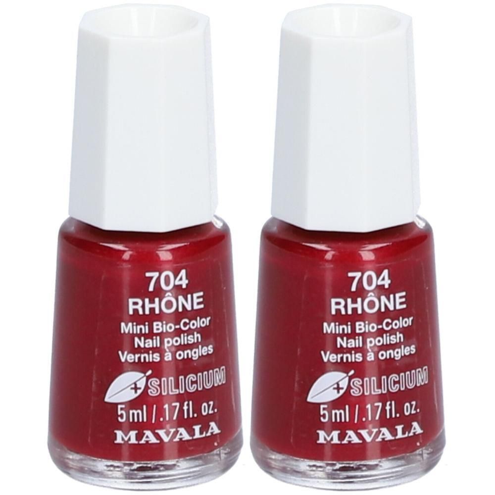 Deux flacons de vernis à ongles rouges. Inscription: 704 RHÔNE, Mini Bio-Color, 5 ml, MAVALA.