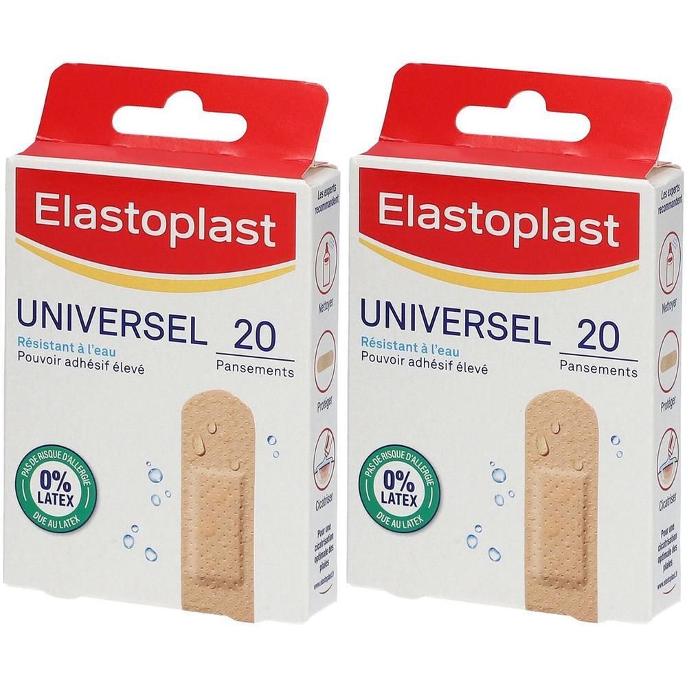 Deux boîtes de pansements "Elastoplast Universel". Chaque boîte contient 20 pansements. Résistant à l'eau. 0% latex.