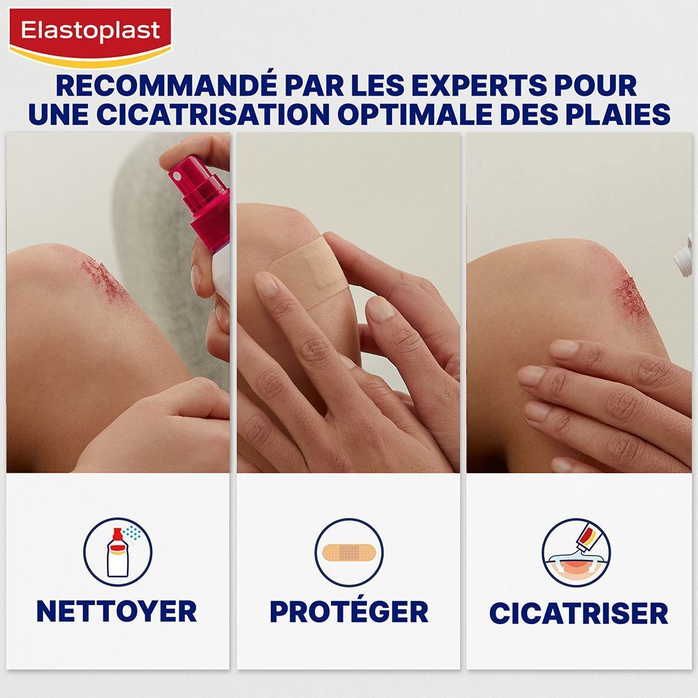 Trois images montrent l'application de pansements. Nettoyer, protéger, cicatriser. Recommandé pour une cicatrisation optimale.