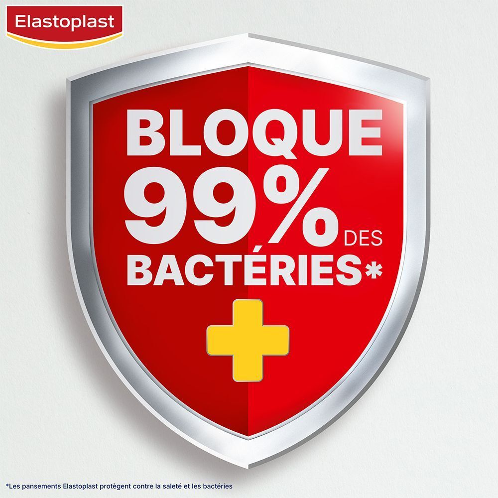 Écusson rouge avec "Bloque 99% des bactéries". Croix jaune. Marque Elastoplast.