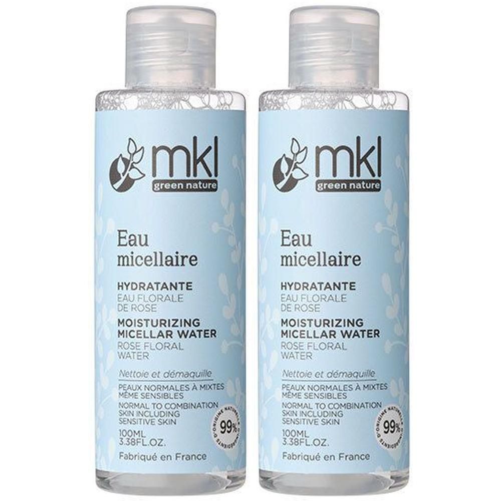 Deux flacons d'Eau Micellaire Hydratante MKL Green Nature. Étiquettes bleu clair avec informations produit. 99% d'ingrédients d'origine naturelle.