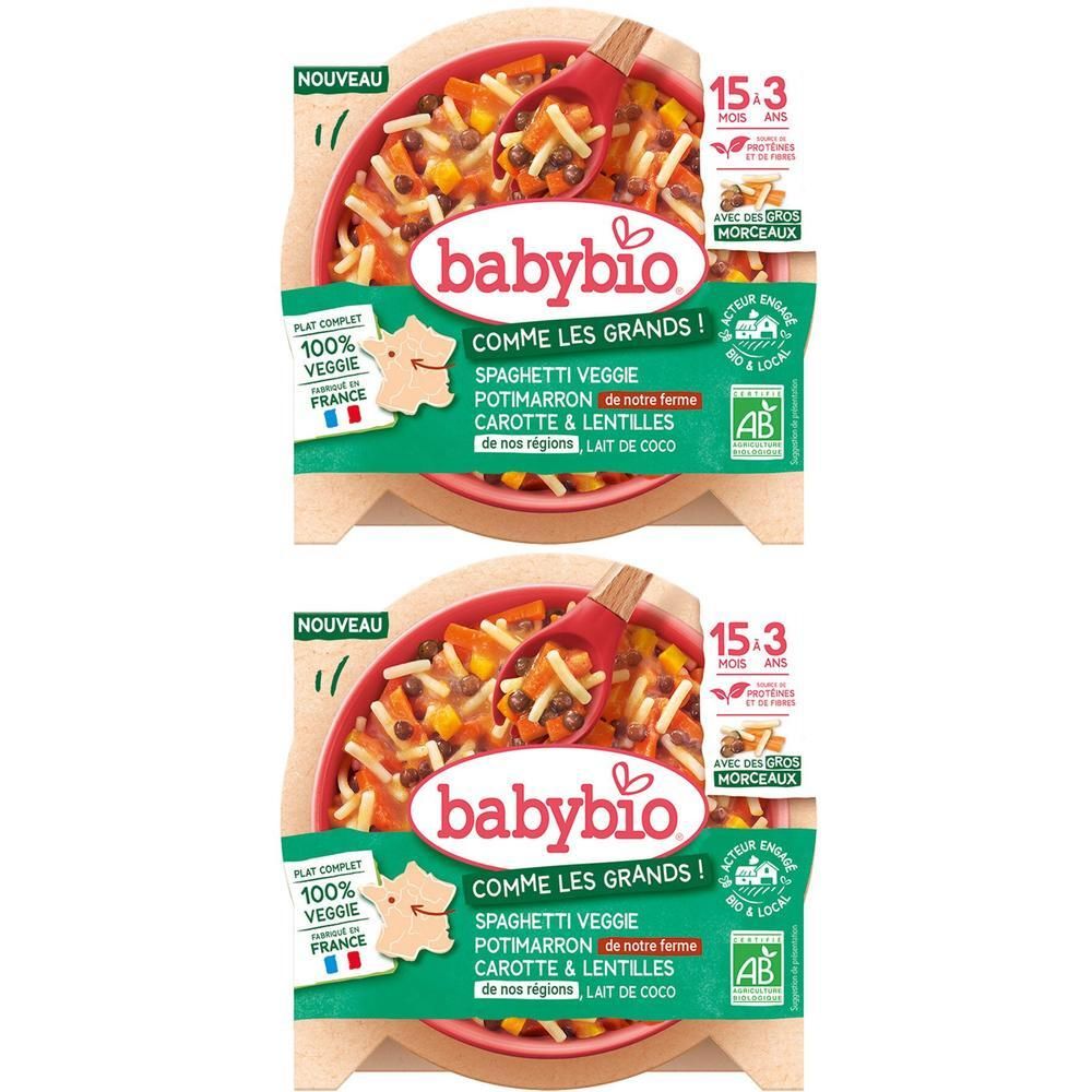 Deux plats préparés Babybio Spaghetti Veggie Potimarron, carottes, lentilles et lait de coco. Label AB. Contient des morceaux.