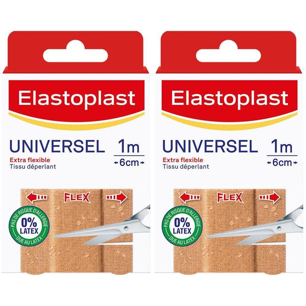 Deux boîtes de pansements. Inscription: Elastoplast, UNIVERSAL 1m -6cm-. Extra flexible. 0% latex. Ciseaux.