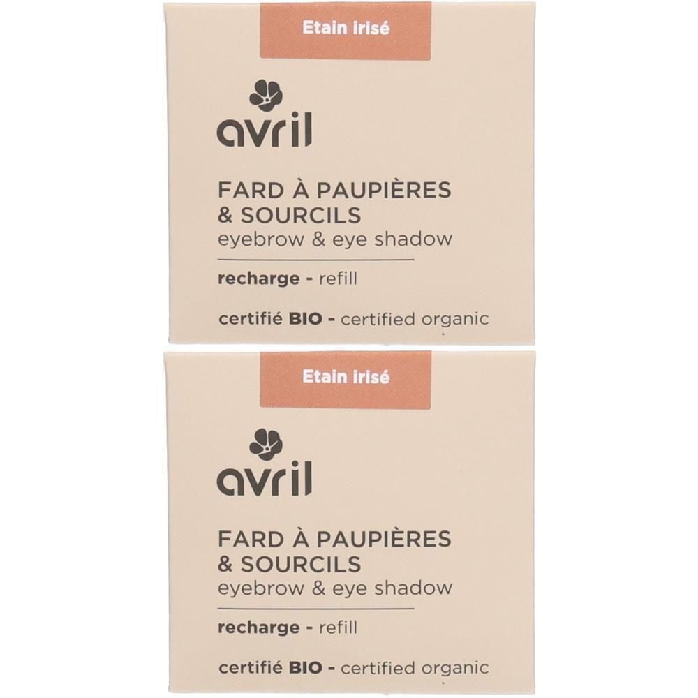 Deux recharges carrées. Inscription: Avril, Fard à Paupières & Sourcils, Etain irisé, certifié BIO.