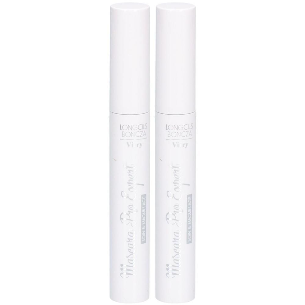 Deux tubes de mascara blancs. Inscription: Mascara Pro'Expert, Longcils Boncza, VI 17.