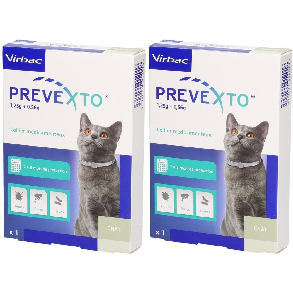 Deux boîtes de colliers PREVEXTO pour chats. Inscriptions : Virbac, PREVEXTO, 1,25g + 0,56g, Collier médicamenteux, CHAT.