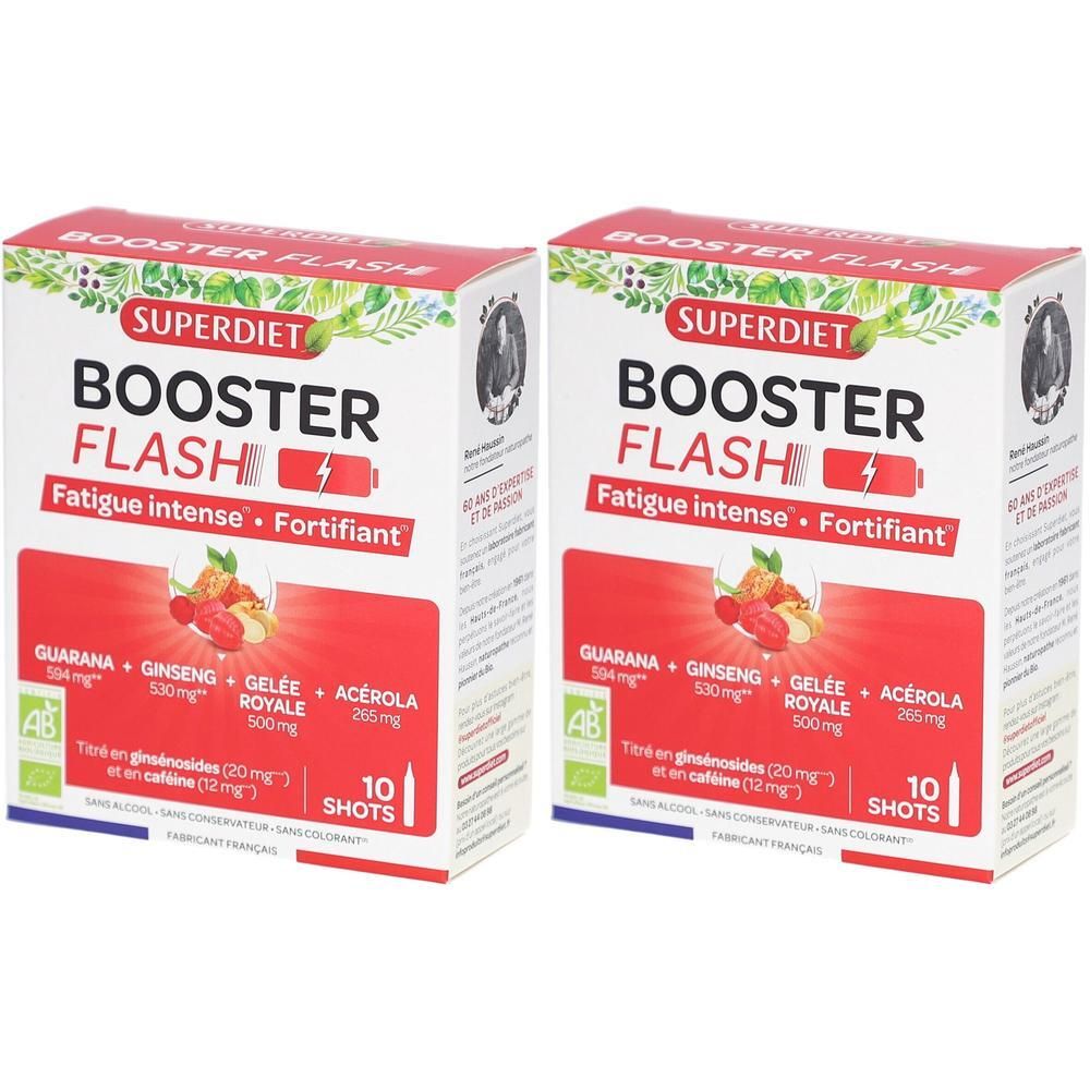 Deux boîtes de SUPERDIET BOOSTER FLASH. Inscription: Fatigue intense, Fortifiant. Contient 10 shots. Avec guarana, ginseng, gelée royale, acérola.