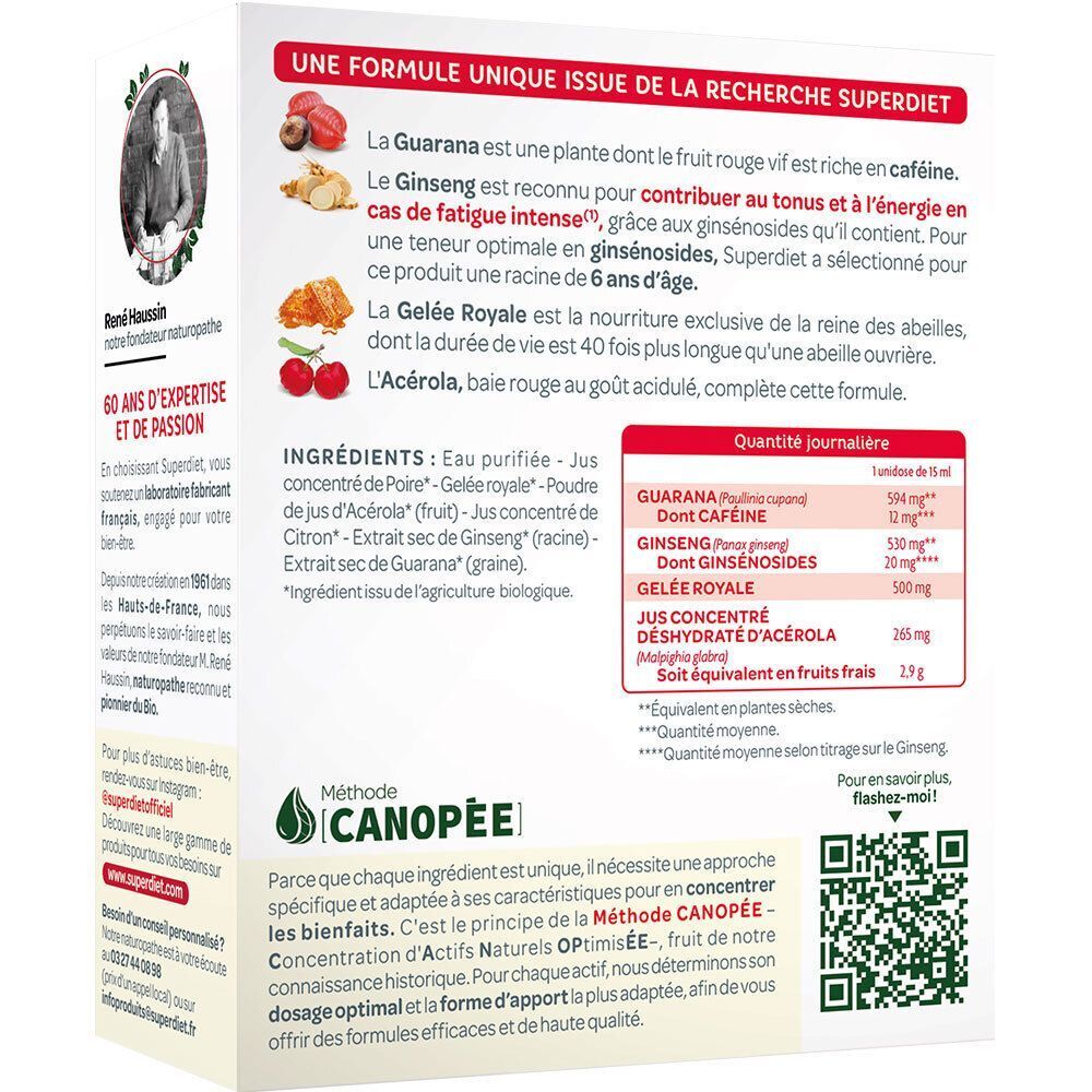 Arrière d'une boîte Superdiet Booster Flash avec liste des ingrédients et informations nutritionnelles.