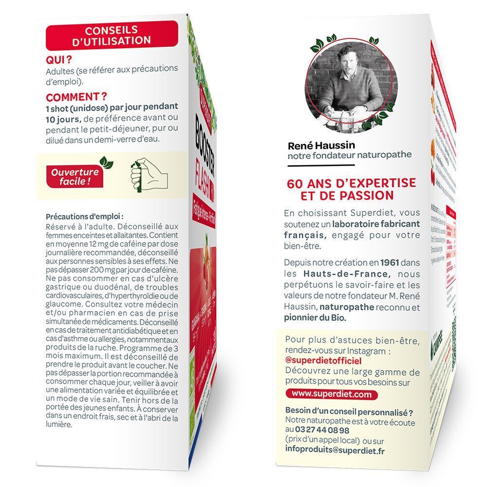 Vue latérale d'une boîte Superdiet Booster Flash avec conseils d'utilisation et avis d'expert.