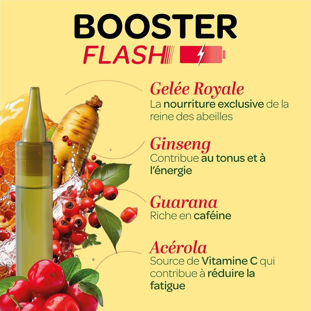 Un shot Superdiet Booster Flash avec Guarana, Ginseng, Gelée Royale et Acérola.
