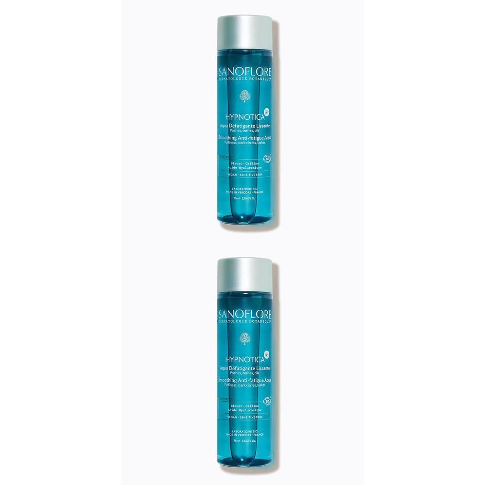 Deux flacons Sanoflore Aqua Hypnotica. Forme cylindrique, liquide bleu, bouchon argenté. Étiquette produit avec texte.