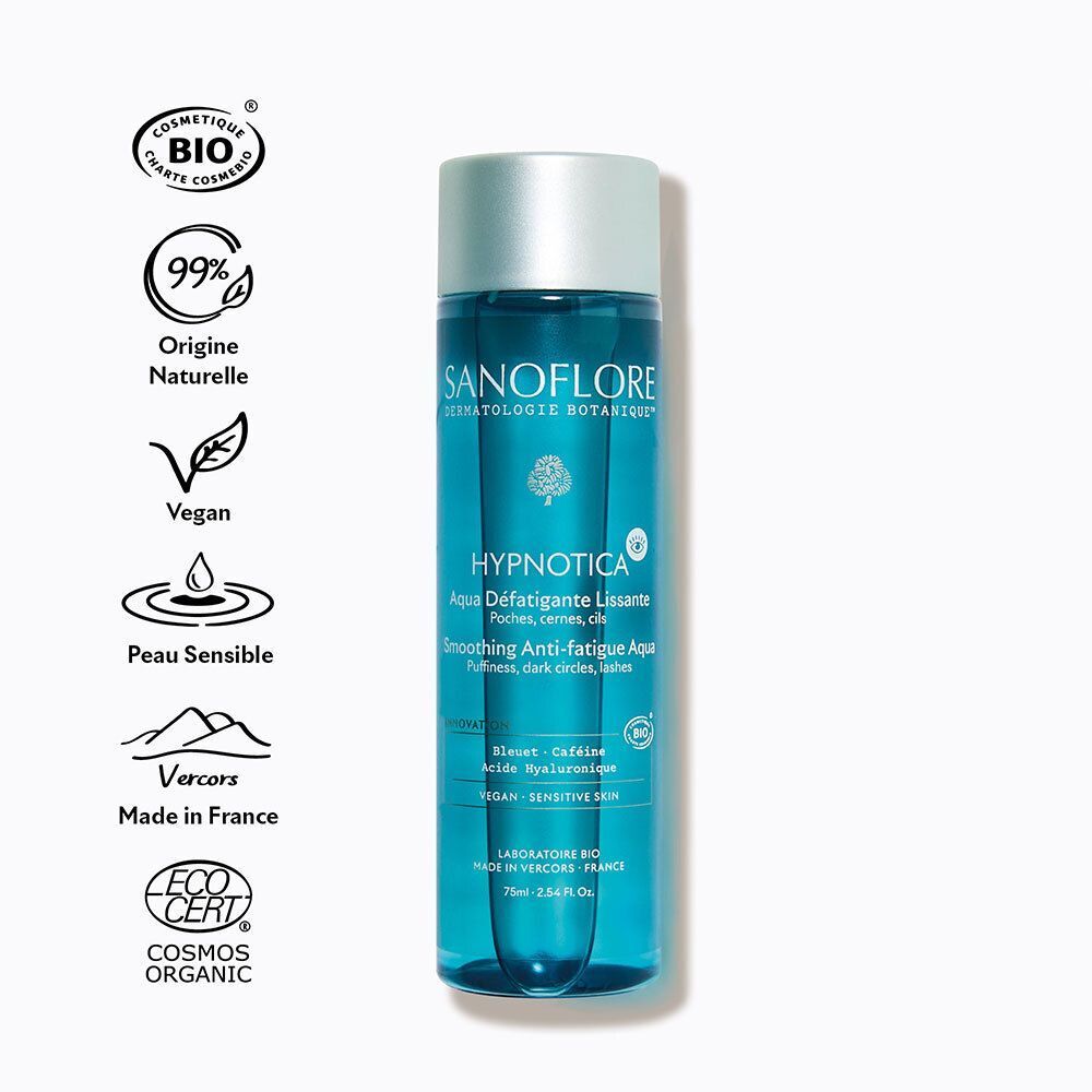 Flacon Sanoflore Aqua Hypnotica. Liquide bleu, bouchon argenté. Texte: Aqua Défatigante Lissante, Vegan, Cosmos Organic, Eco Cert.