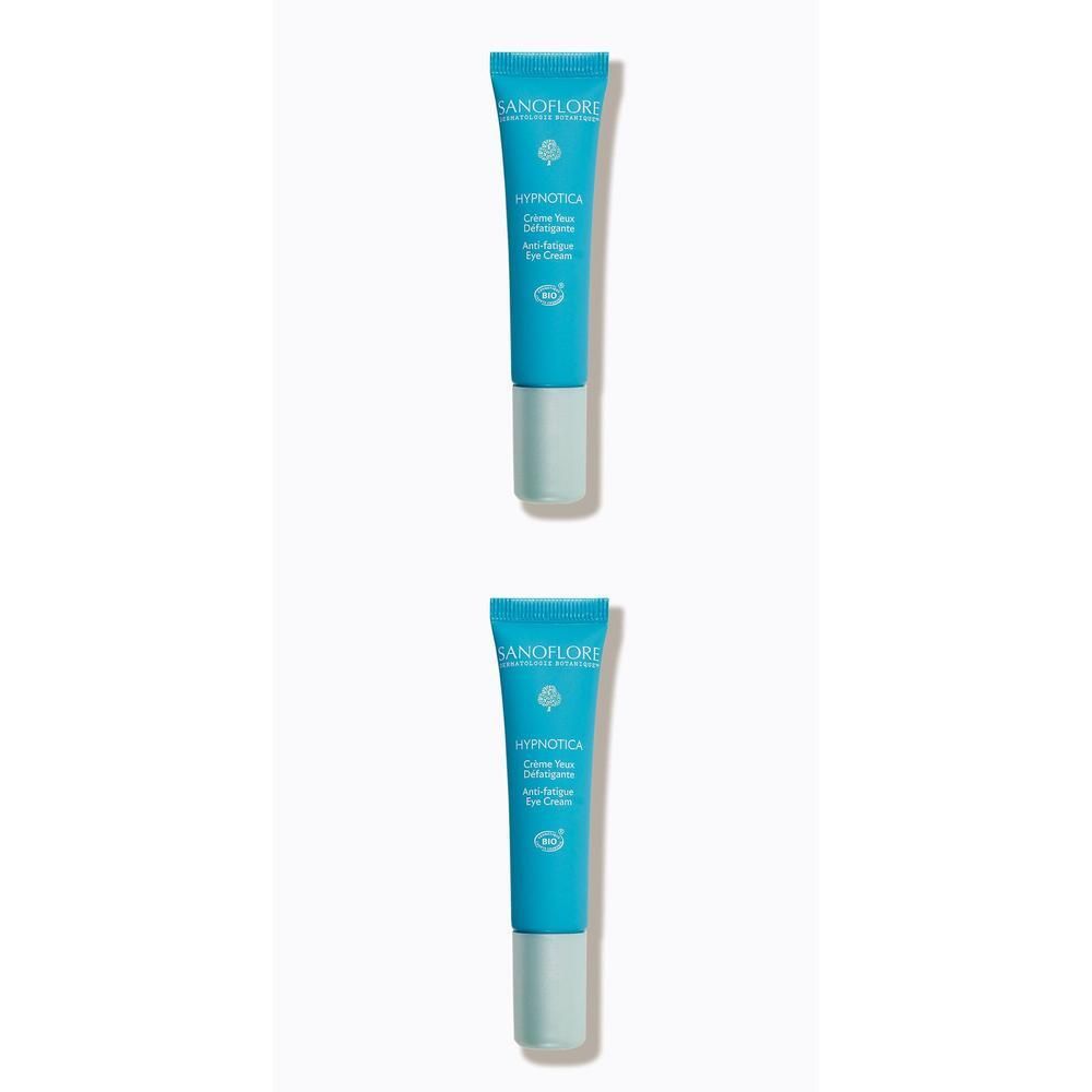 Deux tubes de Sanoflore Regard Hypnotica. Tubes bleu turquoise avec bouchons vert clair. Texte: Sanoflore, Hypnotica, crème yeux anti-fatigue.