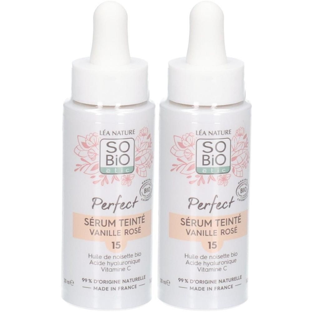 Deux flacons de sérum avec pipette. Inscription: So Bio Etic Perfect Sérum Teinté Vanille Rosé. Avec label bio et texte.