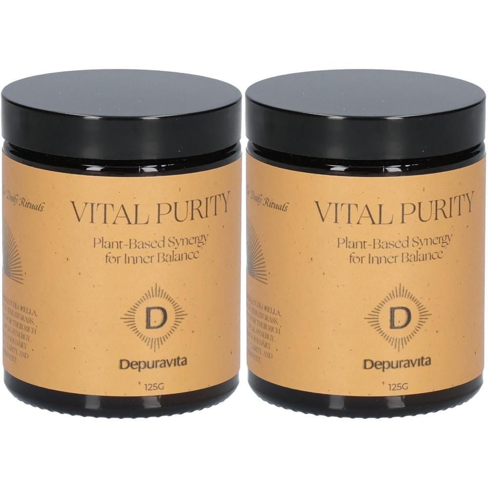 Deux pots bruns avec couvercles noirs. Inscription: VITAL PURITY, Plant-Based Synergy for Inner Balance. Marque: Depuravita. 125G.