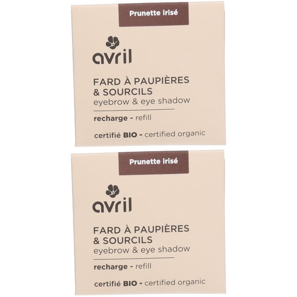 Deux recharges carrées. Inscription: Avril, Fard à Paupières & Sourcils, Prunette irisé, certifié BIO.