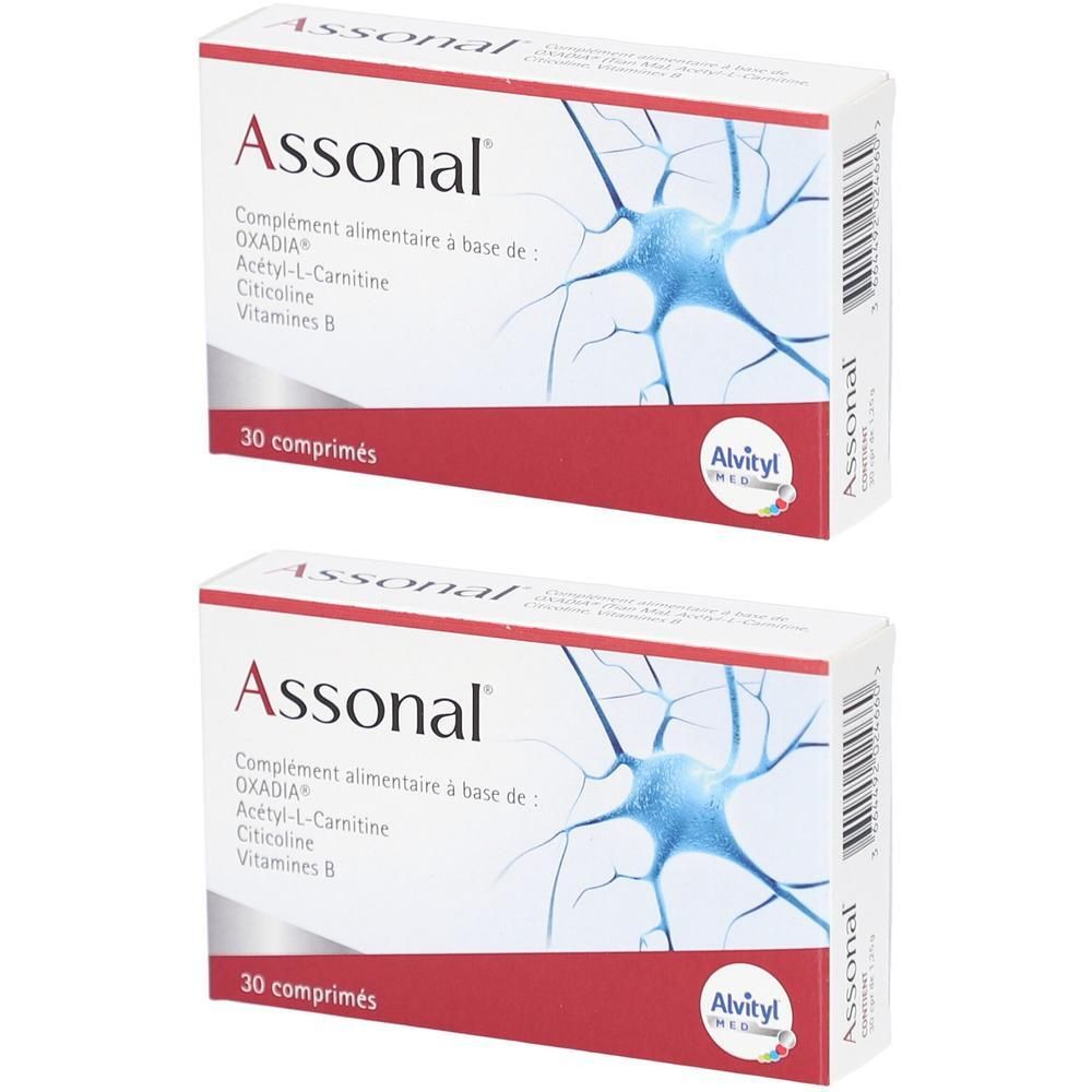 Deux boîtes "Assonal". Emballage rouge et blanc avec informations produit et logo "Alvityl". Contient 30 comprimés.