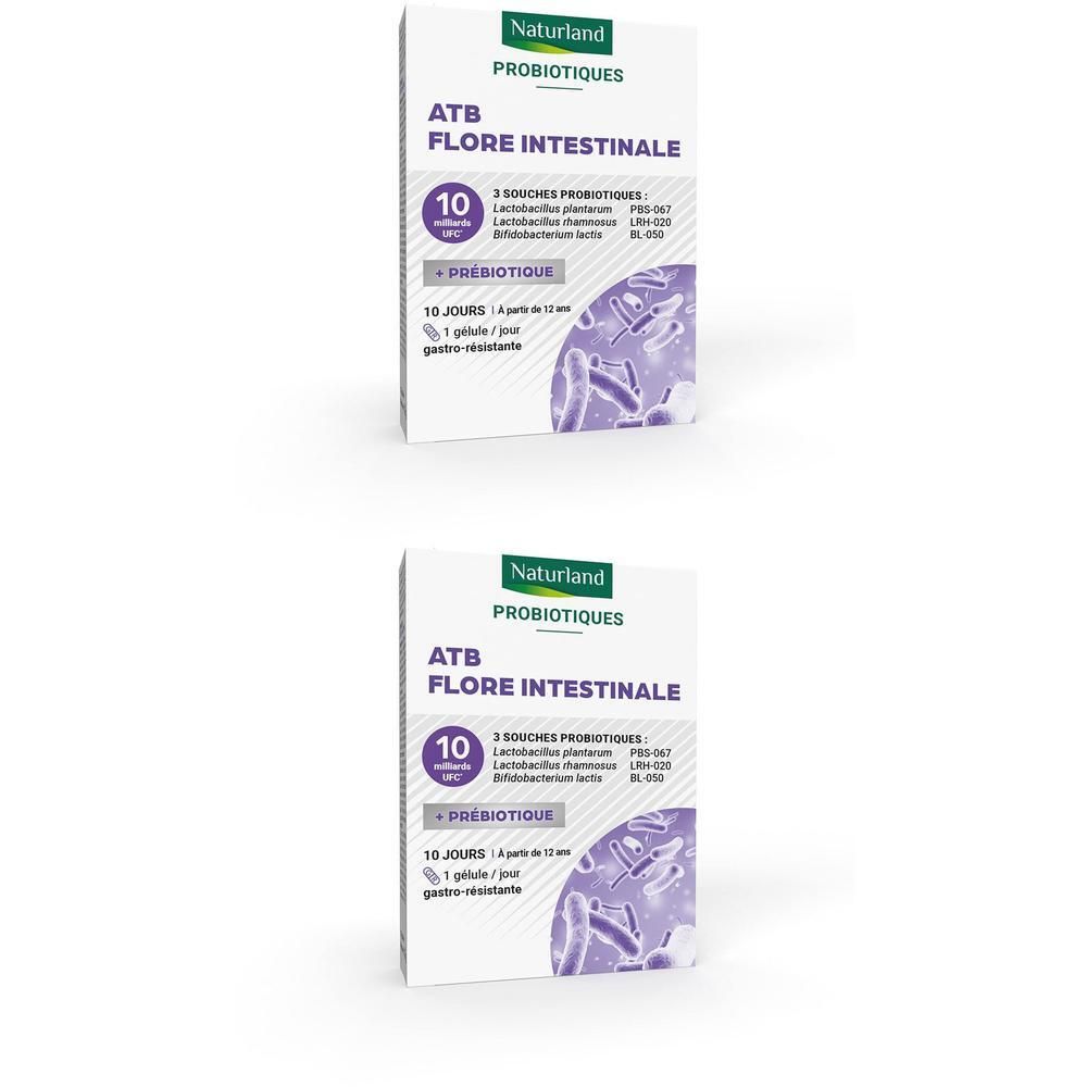 Deux boîtes "ATB Flore Intestinale". Contient 10 gélules. Marque Naturland. Avec prébiotique.