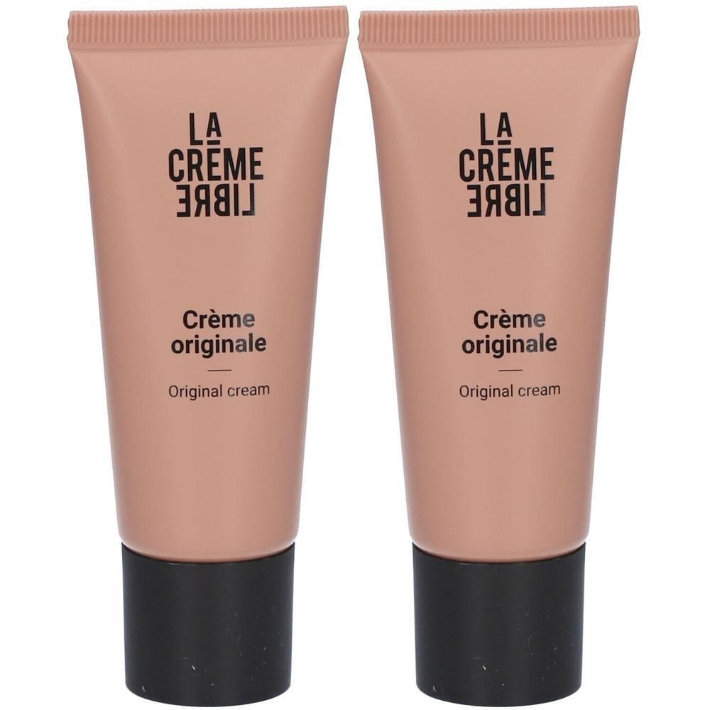 Deux tubes de La Crème Libre Crème Originale. Beige, bouchon noir, texte.