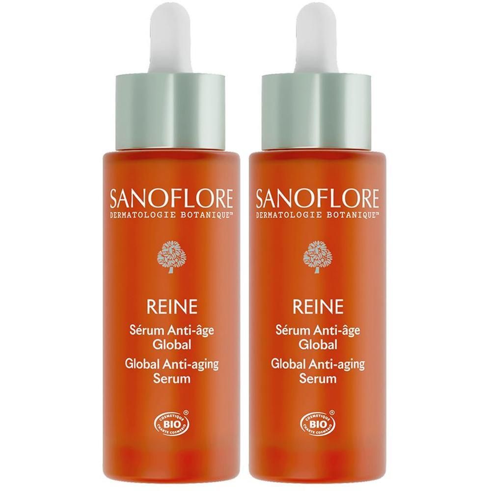 Deux flacons avec pipette. Inscriptions: Sanoflore, Reine, Sérum Anti-âge Global, Global Anti-aging Serum. Certification Bio.