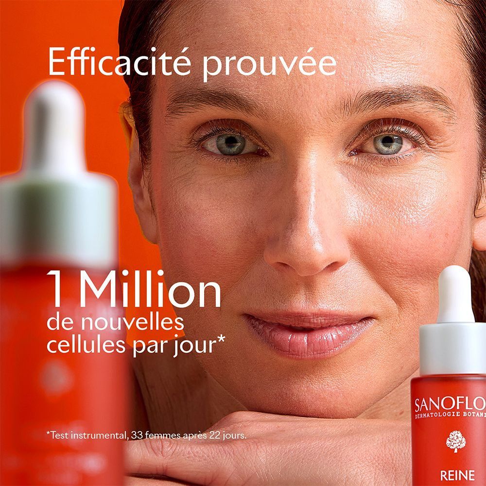 Femme avec flacon de sérum. Texte: Efficacité prouvée, 1 million de nouvelles cellules par jour. Sanoflore, Reine, Sérum Anti-âge Global.