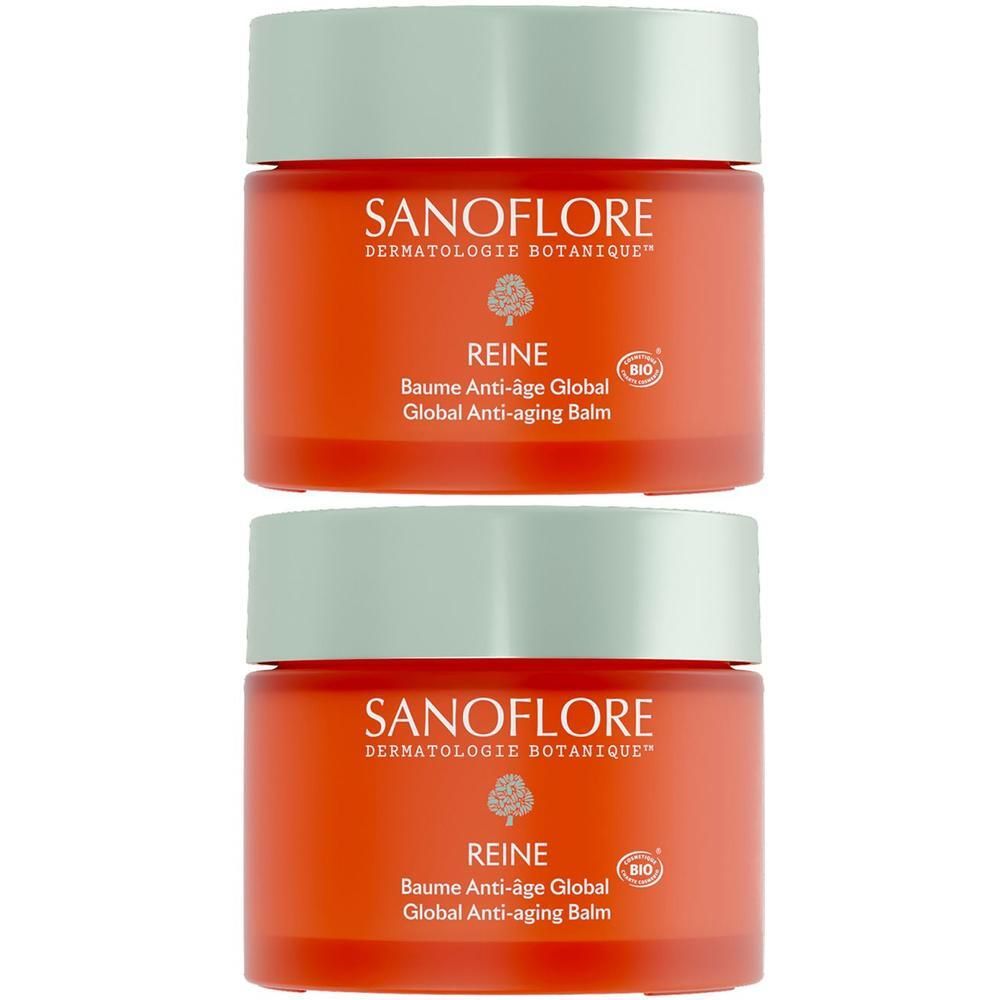Deux pots de Baume Anti-Âge Global Sanoflore. Pots orange avec couvercles vert clair. Texte: Sanoflore, Reine, Global Anti-aging Balm.