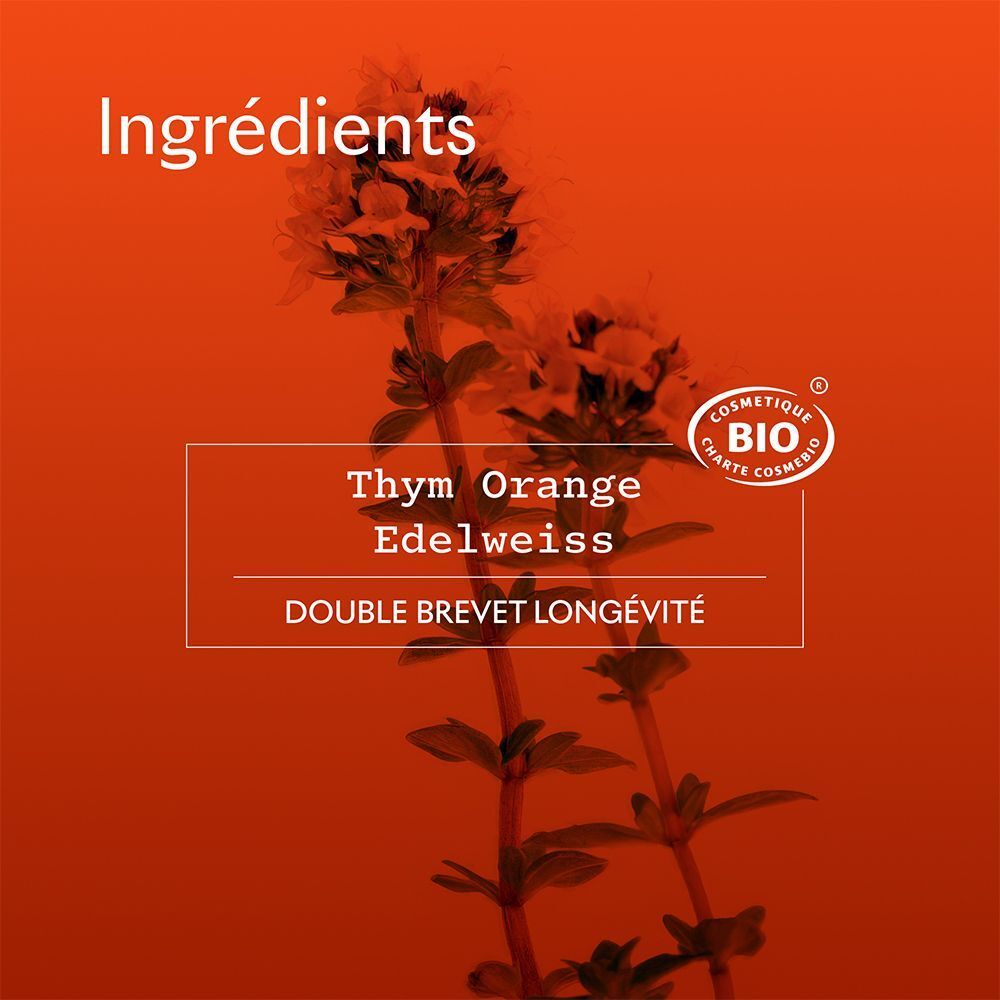 Gros plan sur le thym, l'orange et l'edelweiss. Texte: Ingrédients, Double Brevet Longévité. Certification bio.