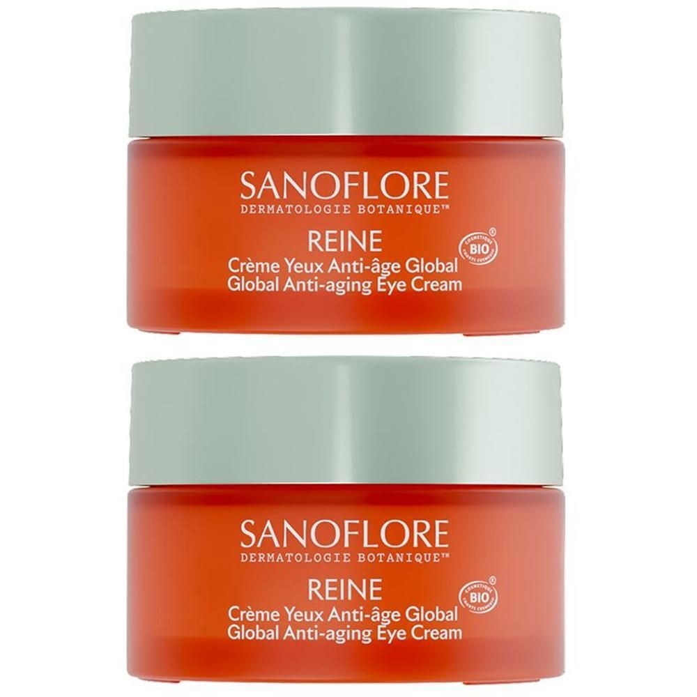 Deux pots oranges avec couvercles vert clair. Inscription: SANOFLORE, Reine Crème Yeux Anti-Âge Global, certification Bio.