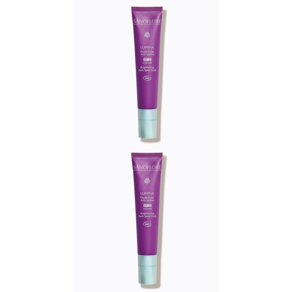Deux tubes violets avec bouchons vert clair. Inscription: Sanoflore, Lumina, SPF 30.