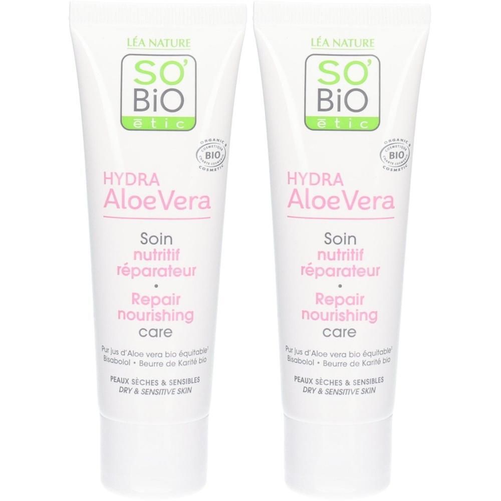 Deux tubes de So Bio Etic Hydra Aloe Vera. Tubes blancs avec logos verts et roses. Texte: Soin nutritif réparateur, Repair nourishing care.