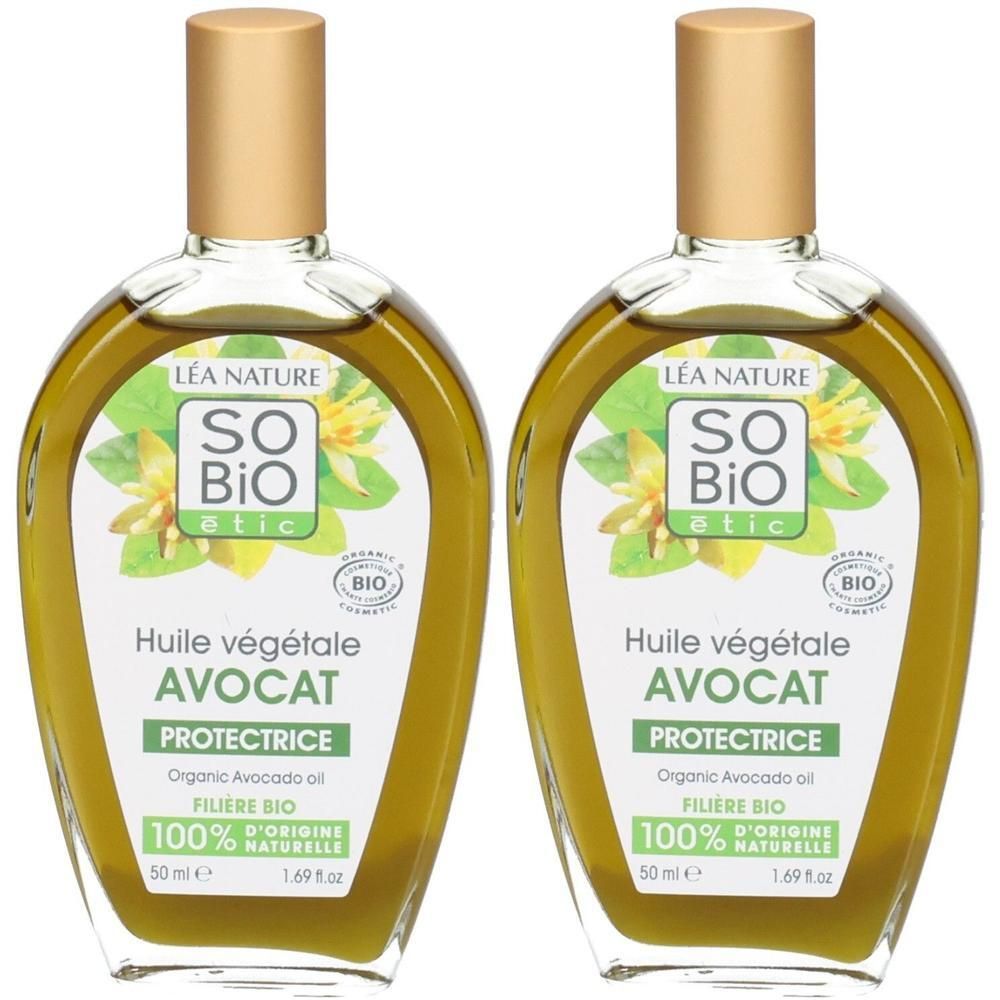 Deux flacons ovales avec bouchons dorés. Étiquettes avec texte: SO BIO etic, Huile végétale AVOCAT PROTECTRICE, label bio.