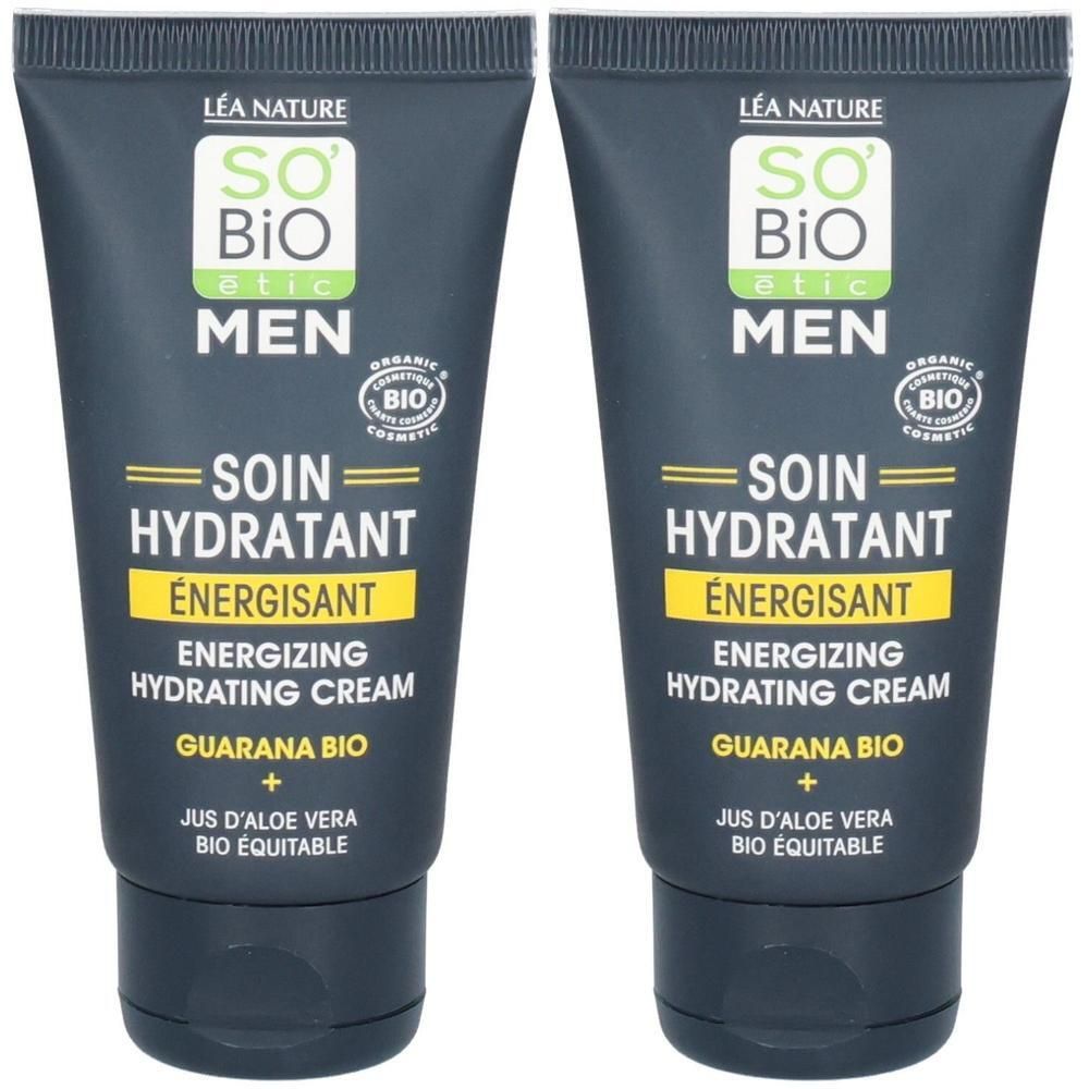 Deux tubes de So Bio Etic Men Soin Hydratant Energisant. Tubes gris foncé avec texte jaune et blanc. Certification bio.