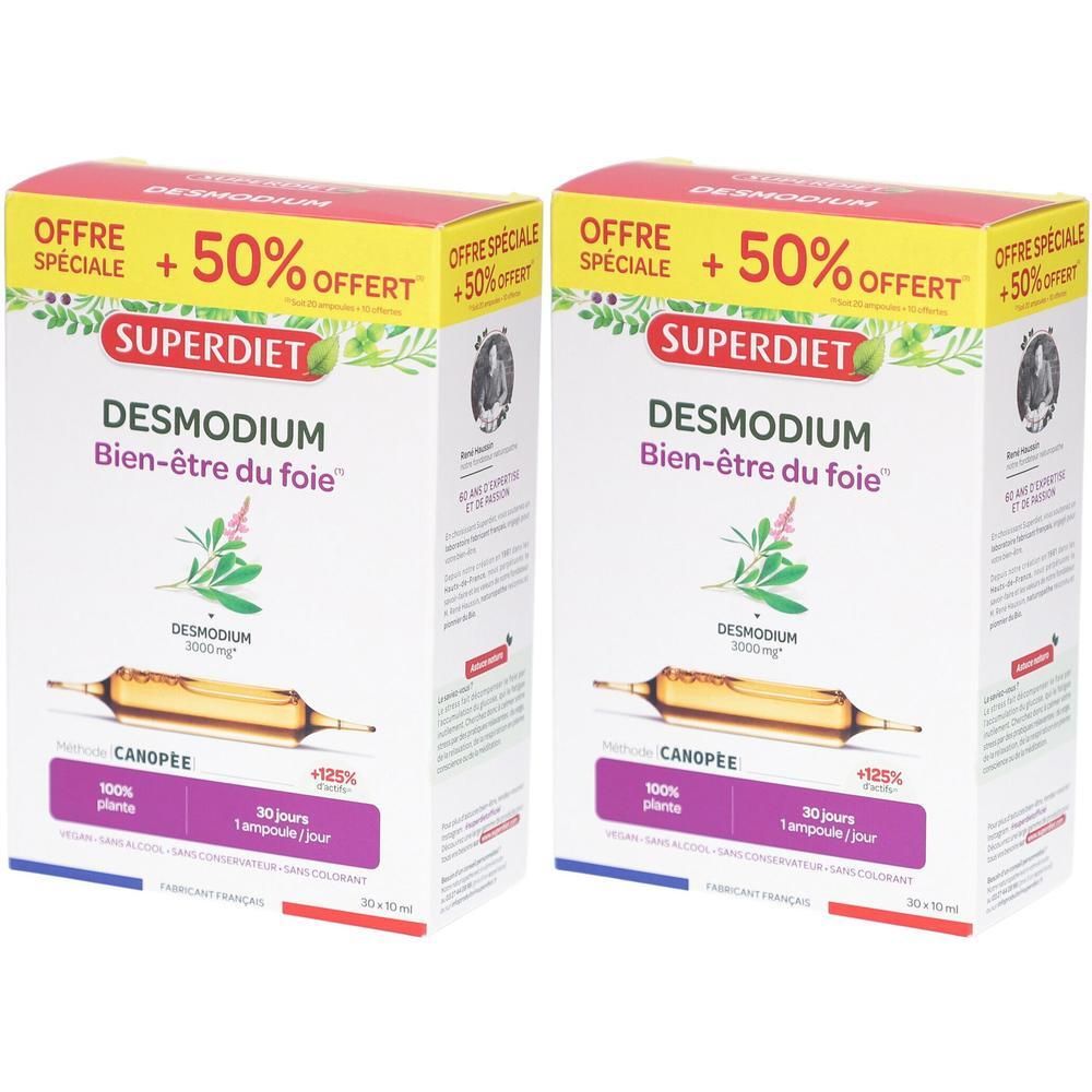 Deux boîtes de produit. Inscription: SUPERDIET DESMODIUM. Mention: +50% OFFERT. Illustration d'ampoules.