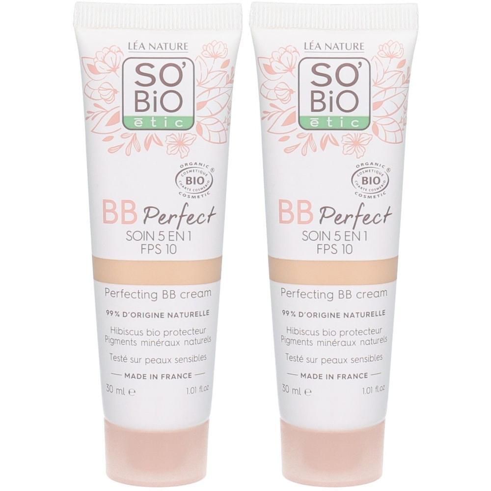 Deux tubes de crème BB Perfect. Inscription: SO'BiO étic, BB Perfect, SOIN 5 EN 1, FPS 10. Avec label bio. Rose et blanc.