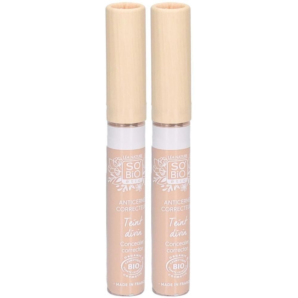 Deux correcteurs de teint avec bouchons beiges. Inscription : SO BIO, ANTICERN, Teint divin, Concealer corrector.