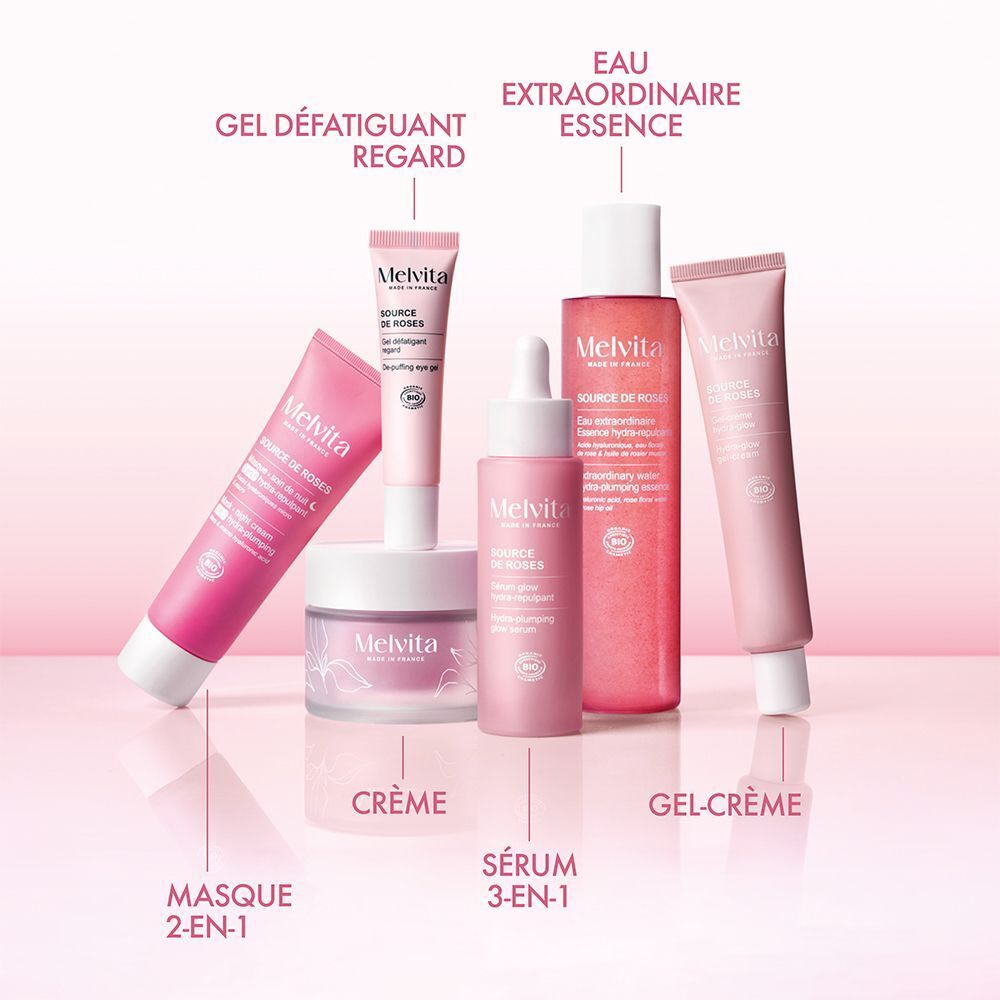 Divers produits roses: sérum, crème, gel-crème, masque, gel yeux, essence. Inscription: Melvita, Source de Roses.
