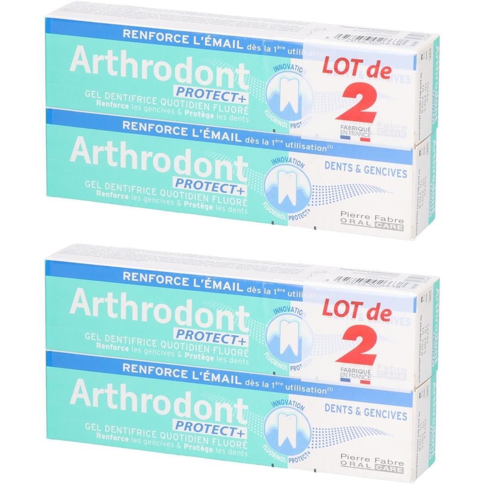 Deux paquets de gel dentifrice Arthrodont Protect+ fluoré pour dents et gencives.