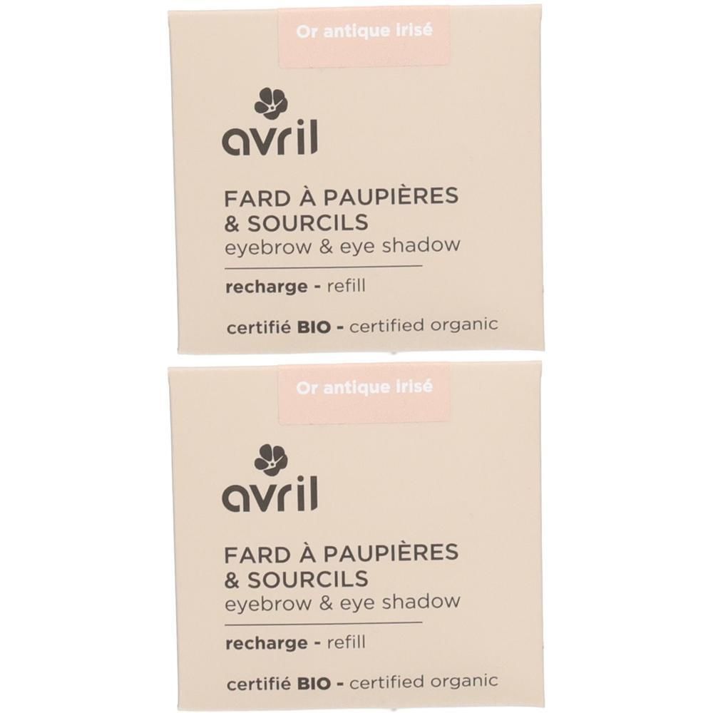 Deux recharges carrées. Inscription: Avril, Fard à Paupières & Sourcils, eyebrow & eye shadow, recharge - refill, certifié BIO - organic.