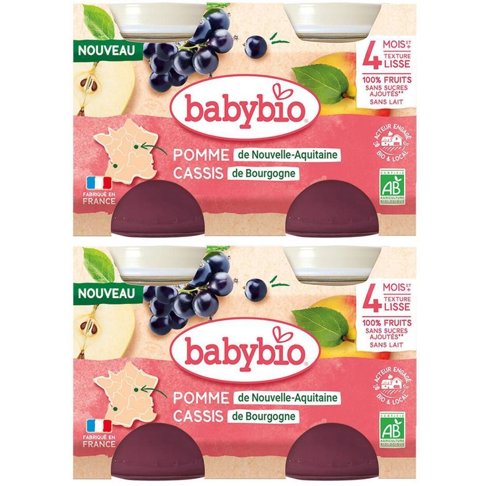Emballage Babybio. Inscription: Pomme de Nouvelle-Aquitaine Cassis de Bourgogne. Contient un logo AB. Mention "Nouveau".