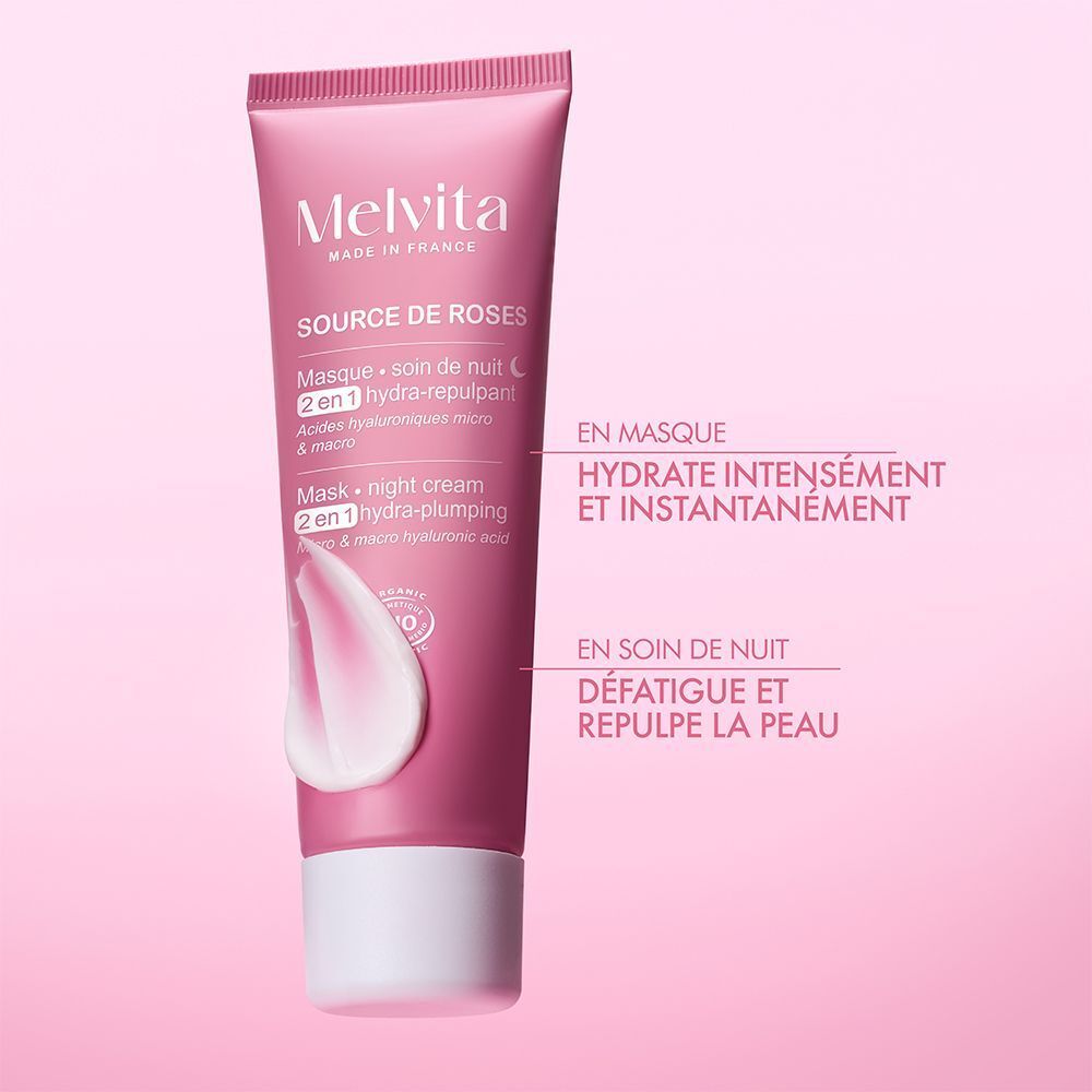 Tube rose Melvita Source de Roses Crème Nuit Hydra Repulpante. Texte : En masque, hydrate intensément et instantanément. En soin de nuit.