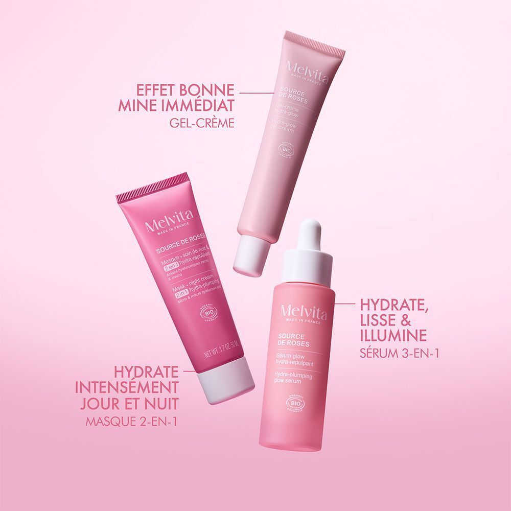 Trois produits Melvita : Gel-crème, sérum et Crème Nuit Hydra Repulpante. Fond rose.