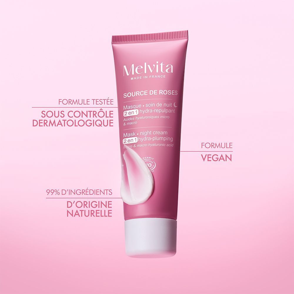 Tube rose Melvita Source de Roses Crème Nuit Hydra Repulpante. Texte : Formule testée sous contrôle dermatologique, 99% d'ingrédients d'origine naturelle.