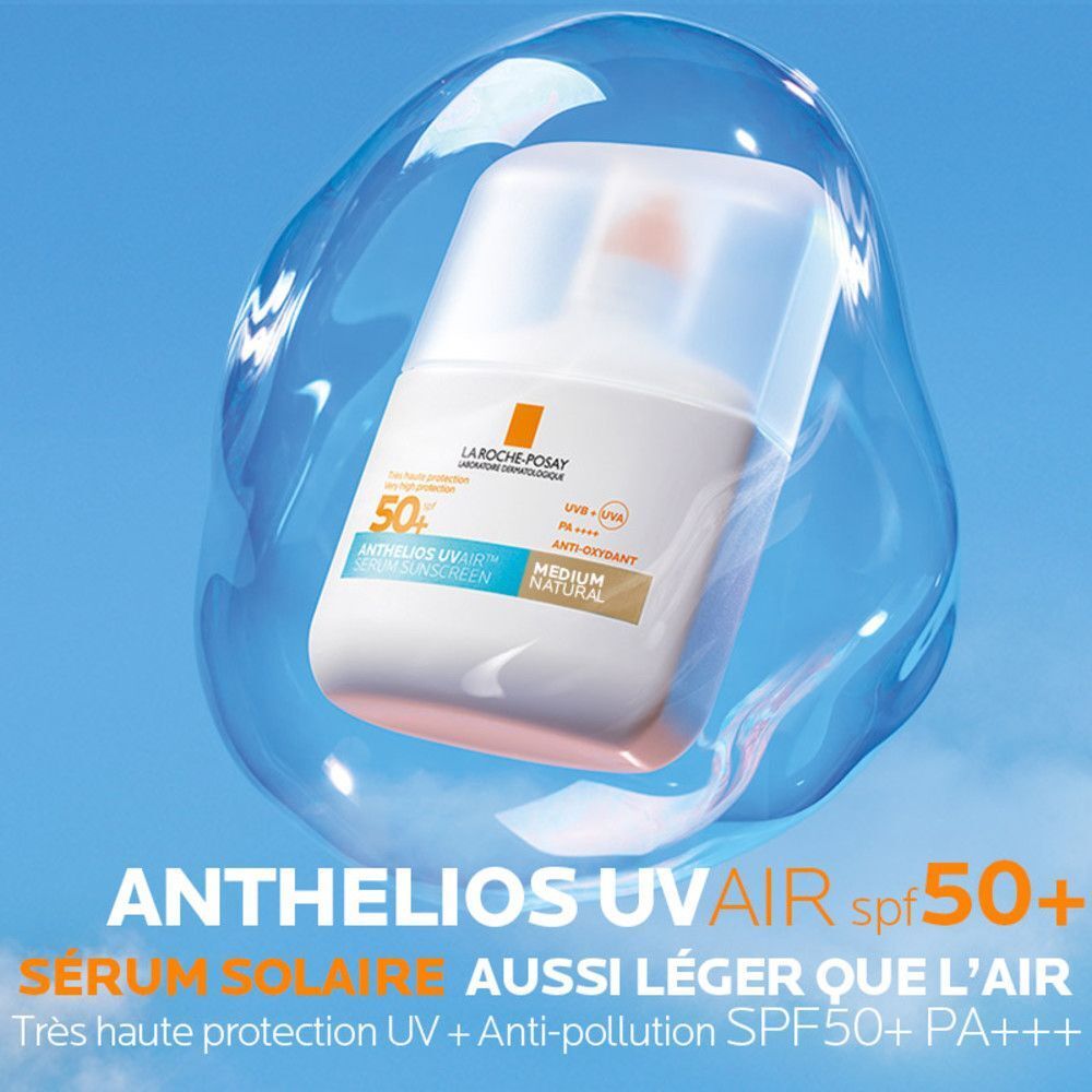 Flacon blanc dans une bulle bleue. Inscription: Anthelios Uvair SPF50+ Sérum Solaire. Texte: Très haute protection.