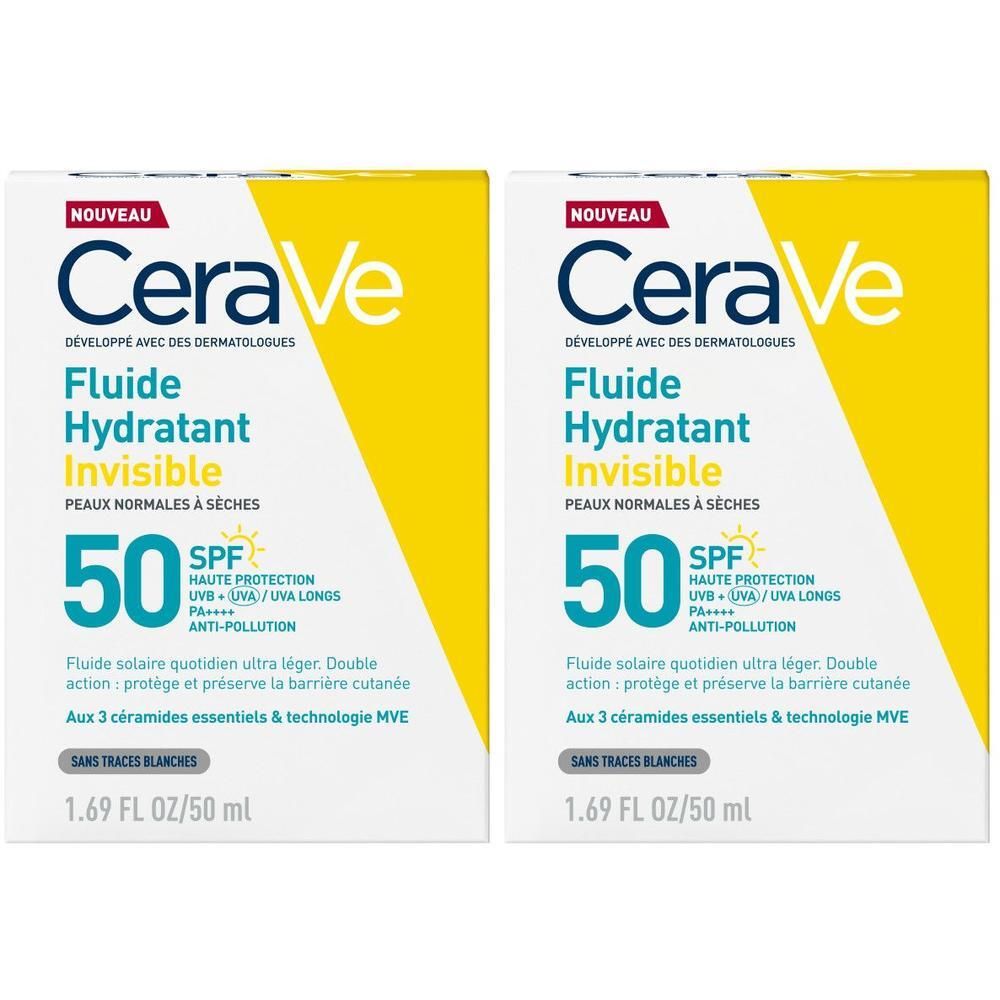 Deux boîtes de CeraVe Fluide Hydratant Invisible SPF50+. Blanc, jaune et bleu. Texte: 50 SPF, 1.69 FL OZ/50 ml.