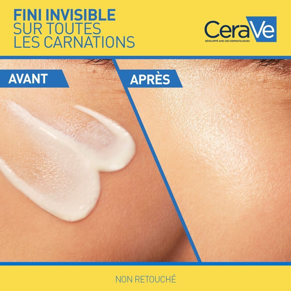Comparaison avant-après. CeraVe Fluide Hydratant Invisible SPF50+ appliqué. Texte: invisible sur toutes les carnations.