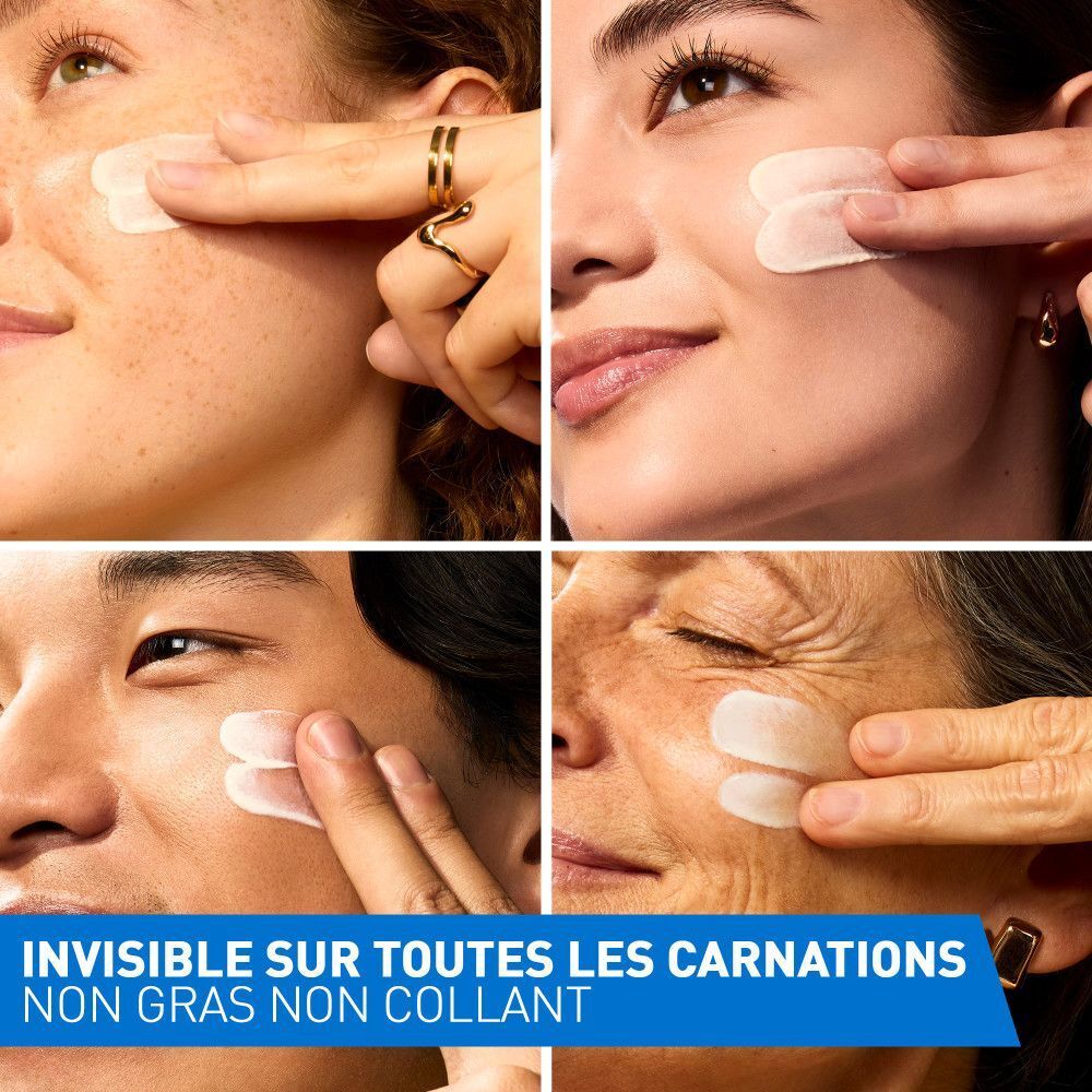 Plusieurs personnes appliquent CeraVe Fluide Hydratant Invisible SPF50+. Texte: invisible sur toutes les carnations, non gras.