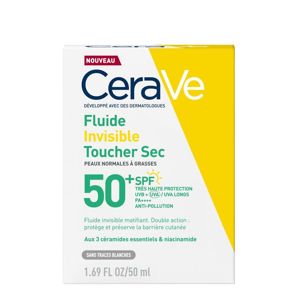 Emballage blanc avec couvercle jaune. L'emballage indique "CeraVe Fluide Invisible Toucher Sec SPF50+".